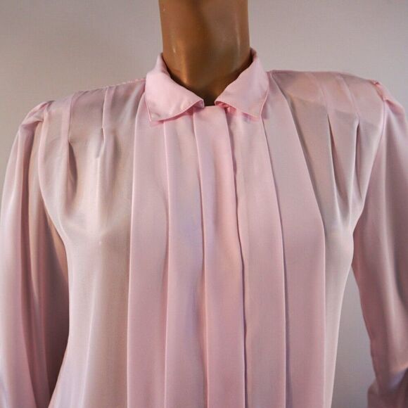 Marlis Vintage Blouse Sz 8 Pleated Front Long Sleeve Blush Pink Shoulder Pads - Picture 2 of 10